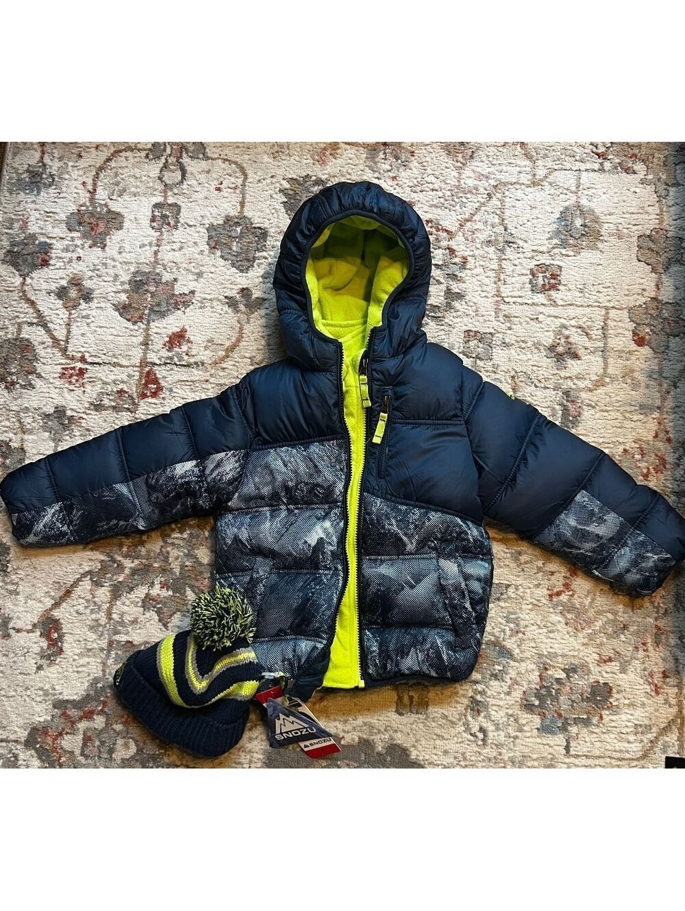 Mountain Xpedition Boys Puffer Jacket Hooded Navy Plaid Neon Yellow + Hat size 6